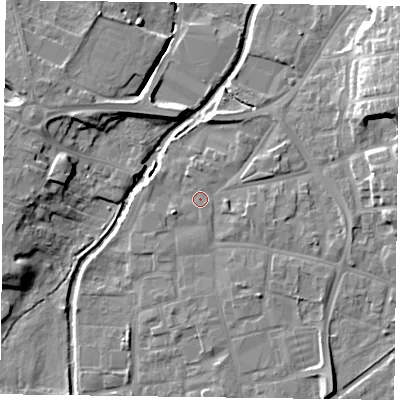 Shaded relief map of the ground around DN226DW, computed from Environment Agency LiDAR. The ground here sits at about 14 m above sea level and falls 13 m across the surrounding 800 m. Surface water reaching this point runs off ground lying to the south-east, 4.5 m higher.