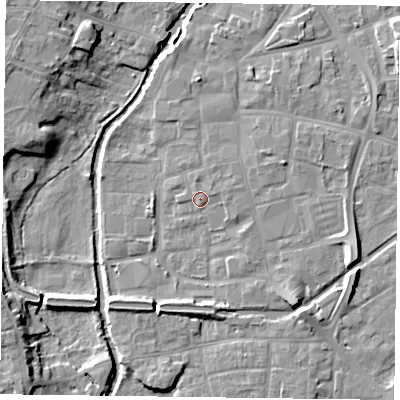 Shaded relief map of the ground around DN226DX, computed from Environment Agency LiDAR. The ground here sits at about 15 m above sea level and falls 9 m across the surrounding 800 m. Surface water reaching this point runs off ground lying to the east-north-east, 1.2 m higher.