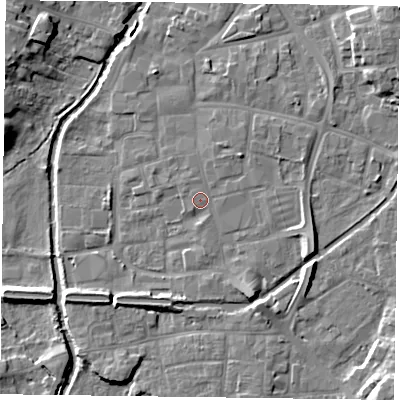Shaded relief map of the ground around DN226DY, computed from Environment Agency LiDAR. The ground here sits at about 16 m above sea level and falls 10 m across the surrounding 800 m. The ground contributing surface water to this point lies to the east.