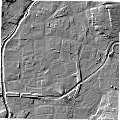 Shaded relief map of the ground around DN226EA, computed from Environment Agency LiDAR. The ground here sits at about 16 m above sea level and falls 12 m across the surrounding 800 m. Surface water reaching this point runs off ground lying to the south-east, 0.8 m higher.