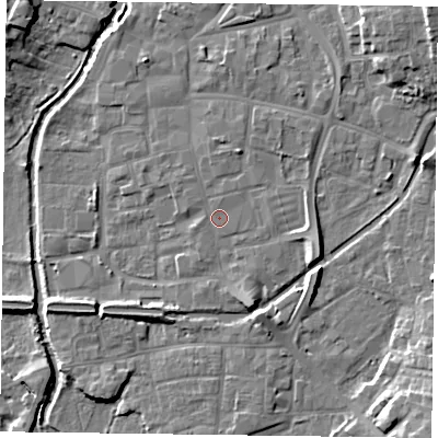Shaded relief map of the ground around DN226EB, computed from Environment Agency LiDAR. The ground here sits at about 16 m above sea level and falls 11 m across the surrounding 800 m. Surface water reaching this point runs off ground lying to the north, 0.6 m higher.