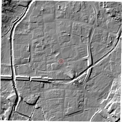 Shaded relief map of the ground around DN226EF, computed from Environment Agency LiDAR. The ground here sits at about 15 m above sea level and falls 11 m across the surrounding 800 m. Surface water reaching this point runs off ground lying to the south-south-west, 0.9 m higher.