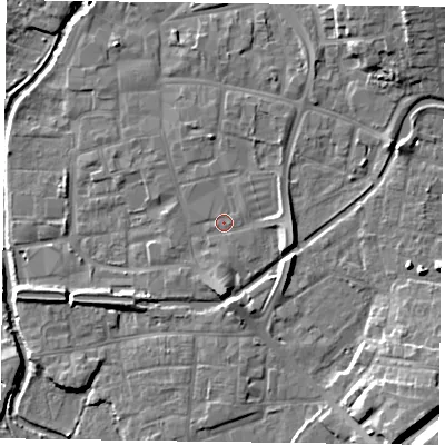 Shaded relief map of the ground around DN226EG, computed from Environment Agency LiDAR. The ground here sits at about 16 m above sea level and falls 12 m across the surrounding 800 m. Surface water reaching this point runs off ground lying to the south-south-east, 0.5 m higher.