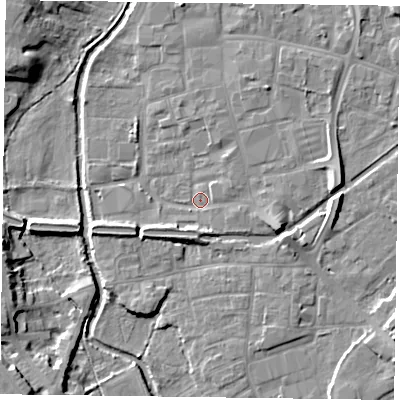 Shaded relief map of the ground around DN226EN, computed from Environment Agency LiDAR. The ground here sits at about 15 m above sea level and falls 8 m across the surrounding 800 m. Surface water reaching this point runs off ground lying to the east-south-east, 4.0 m higher.
