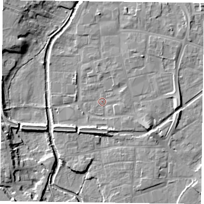 Shaded relief map of the ground around DN226ES, computed from Environment Agency LiDAR. The ground here sits at about 15 m above sea level and falls 8 m across the surrounding 800 m. Surface water reaching this point runs off ground lying to the east-south-east, 4.0 m higher.