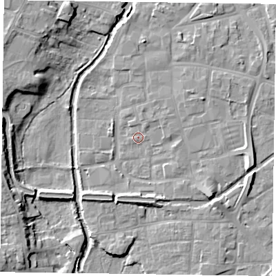 Shaded relief map of the ground around DN226ET, computed from Environment Agency LiDAR. The ground here sits at about 15 m above sea level and falls 9 m across the surrounding 800 m. Surface water reaching this point runs off ground lying to the north-east, 1.5 m higher.