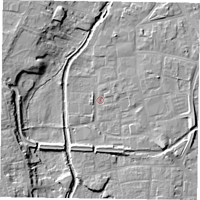 Shaded relief map of the ground around DN226EU, computed from Environment Agency LiDAR. The ground here sits at about 14 m above sea level and falls 9 m across the surrounding 800 m. Surface water reaching this point runs off ground lying to the south-east, 4.7 m higher.