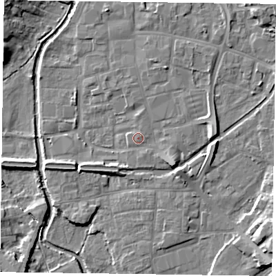 Shaded relief map of the ground around DN226EW, computed from Environment Agency LiDAR. The ground here sits at about 16 m above sea level and falls 10 m across the surrounding 800 m. Surface water reaching this point runs off ground lying to the north-north-east, 0.7 m higher.