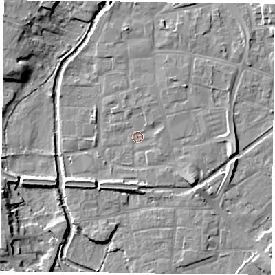 Shaded relief map of the ground around DN226FA, computed from Environment Agency LiDAR. The ground here sits at about 15 m above sea level and falls 8 m across the surrounding 800 m. Surface water reaching this point runs off ground lying to the north-north-east, 1.6 m higher.