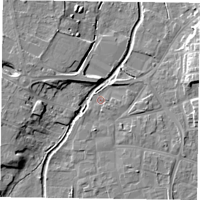 Shaded relief map of the ground around DN226FB, computed from Environment Agency LiDAR. The ground here sits at about 14 m above sea level and falls 12 m across the surrounding 800 m. Surface water reaching this point runs off ground lying to the south-east, 1.3 m higher.