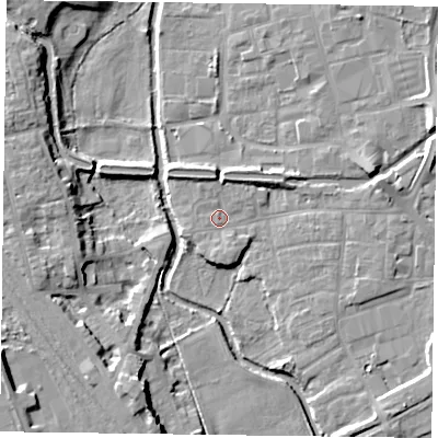 Shaded relief map of the ground around DN226FD, computed from Environment Agency LiDAR. The ground here sits at about 15 m above sea level and falls 12 m across the surrounding 800 m. Surface water reaching this point runs off ground lying to the north, 2.1 m higher.