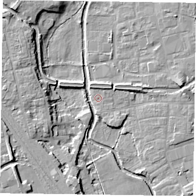Shaded relief map of the ground around DN226FE, computed from Environment Agency LiDAR. The ground here sits at about 16 m above sea level and falls 12 m across the surrounding 800 m. Surface water reaching this point runs off ground lying to the north-north-west, 1.7 m higher.