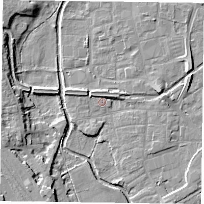 Shaded relief map of the ground around DN226FF, computed from Environment Agency LiDAR. The ground here sits at about 15 m above sea level and falls 10 m across the surrounding 800 m. Surface water reaching this point runs off ground lying to the north-north-west, 1.7 m higher.