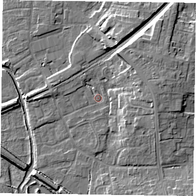 Shaded relief map of the ground around DN226HA, computed from Environment Agency LiDAR. The ground here sits at about 16 m above sea level and falls 12 m across the surrounding 800 m. Surface water reaching this point runs off ground lying to the east-north-east, 9.0 m higher.