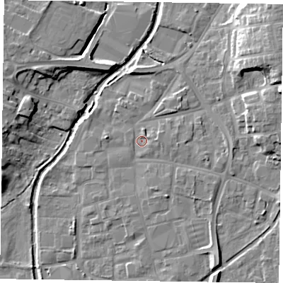 Shaded relief map of the ground around DN226HB, computed from Environment Agency LiDAR. The ground here sits at about 14 m above sea level and falls 14 m across the surrounding 800 m. Surface water reaching this point runs off ground lying to the south-south-east, 4.5 m higher.