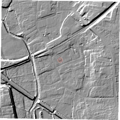 Shaded relief map of the ground around DN226HF, computed from Environment Agency LiDAR. The ground here sits at about 16 m above sea level and falls 12 m across the surrounding 800 m. Surface water reaching this point runs off ground lying to the north, 1.2 m higher.