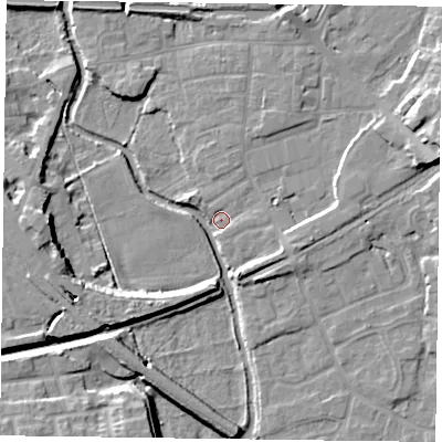 Shaded relief map of the ground around DN226HL, computed from Environment Agency LiDAR. The ground here sits at about 15 m above sea level and falls 11 m across the surrounding 800 m. Surface water reaching this point runs off ground lying to the east-north-east, 8.5 m higher.