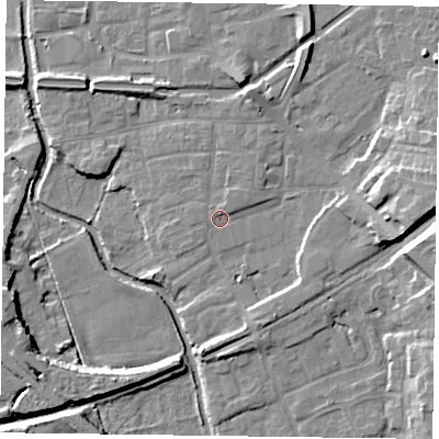 Shaded relief map of the ground around DN226HP, computed from Environment Agency LiDAR. The ground here sits at about 16 m above sea level and falls 11 m across the surrounding 800 m. Surface water reaching this point runs off ground lying to the north-north-east, 1.6 m higher.