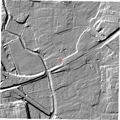 Shaded relief map of the ground around DN226HQ, computed from Environment Agency LiDAR. The ground here sits at about 17 m above sea level and falls 12 m across the surrounding 800 m. Surface water reaching this point runs off ground lying to the east-south-east, 2.2 m higher.