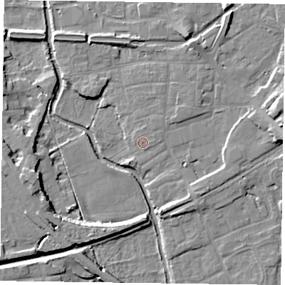 Shaded relief map of the ground around DN226HR, computed from Environment Agency LiDAR. The ground here sits at about 16 m above sea level and falls 10 m across the surrounding 800 m. Surface water reaching this point runs off ground lying to the north-east, 0.6 m higher.