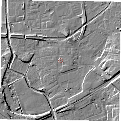 Shaded relief map of the ground around DN226HS, computed from Environment Agency LiDAR. The ground here sits at about 16 m above sea level and falls 12 m across the surrounding 800 m. Surface water reaching this point runs off ground lying to the south-east, 1.0 m higher.
