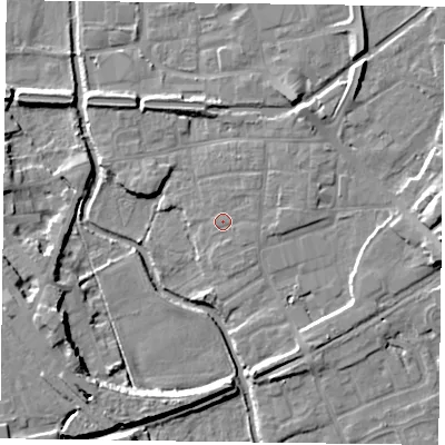 Shaded relief map of the ground around DN226HT, computed from Environment Agency LiDAR. The ground here sits at about 16 m above sea level and falls 9 m across the surrounding 800 m. Surface water reaching this point runs off ground lying to the east-north-east, 0.9 m higher.