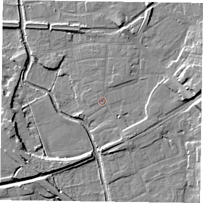 Shaded relief map of the ground around DN226HW, computed from Environment Agency LiDAR. The ground here sits at about 16 m above sea level and falls 11 m across the surrounding 800 m. Surface water reaching this point runs off ground lying to the west, 0.9 m higher.