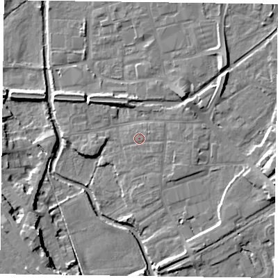 Shaded relief map of the ground around DN226HX, computed from Environment Agency LiDAR. The ground here sits at about 16 m above sea level and falls 10 m across the surrounding 800 m. Surface water reaching this point runs off ground lying to the east-south-east, 0.8 m higher.