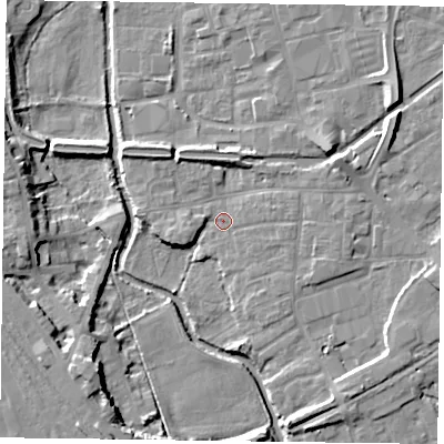 Shaded relief map of the ground around DN226HY, computed from Environment Agency LiDAR. The ground here sits at about 15 m above sea level and falls 10 m across the surrounding 800 m. Surface water reaching this point runs off ground lying to the east-north-east, 4.6 m higher.