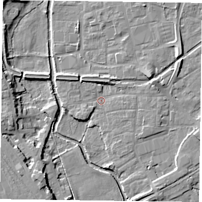 Shaded relief map of the ground around DN226HZ, computed from Environment Agency LiDAR. The ground here sits at about 15 m above sea level and falls 10 m across the surrounding 800 m. Surface water reaching this point runs off ground lying to the east-north-east, 4.6 m higher.