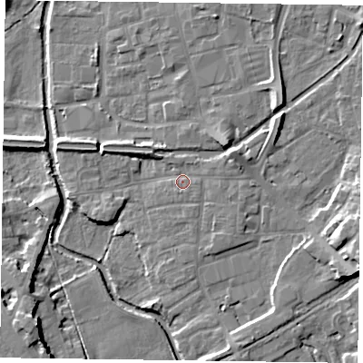 Shaded relief map of the ground around DN226JB, computed from Environment Agency LiDAR. The ground here sits at about 16 m above sea level and falls 10 m across the surrounding 800 m. Surface water reaching this point runs off ground lying to the east-north-east, 3.6 m higher.