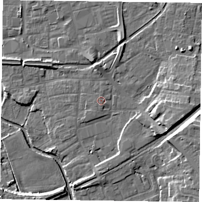 Shaded relief map of the ground around DN226JE, computed from Environment Agency LiDAR. The ground here sits at about 16 m above sea level and falls 12 m across the surrounding 800 m. Surface water reaching this point runs off ground lying to the south-west, 1.6 m higher.