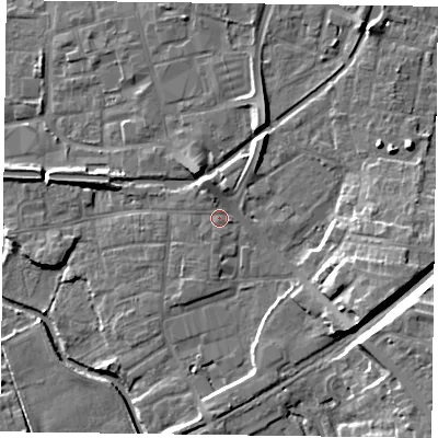 Shaded relief map of the ground around DN226JF, computed from Environment Agency LiDAR. The ground here sits at about 16 m above sea level and falls 12 m across the surrounding 800 m. Surface water reaching this point runs off ground lying to the north-north-west, 2.8 m higher.