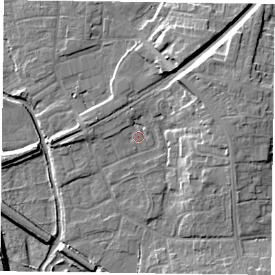 Shaded relief map of the ground around DN226JG, computed from Environment Agency LiDAR. The ground here sits at about 16 m above sea level and falls 12 m across the surrounding 800 m. Surface water reaching this point runs off ground lying to the north-west, 1.6 m higher.