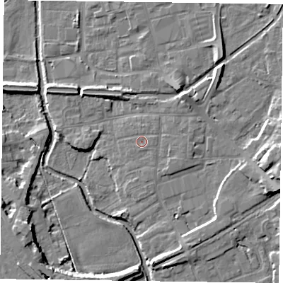 Shaded relief map of the ground around DN226JH, computed from Environment Agency LiDAR. The ground here sits at about 16 m above sea level and falls 10 m across the surrounding 800 m. Surface water reaching this point runs off ground lying to the east-north-east, 0.6 m higher.