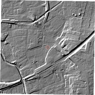 Shaded relief map of the ground around DN226JJ, computed from Environment Agency LiDAR. The ground here sits at about 15 m above sea level and falls 12 m across the surrounding 800 m. Surface water reaching this point runs off ground lying to the east-south-east, 6.4 m higher.