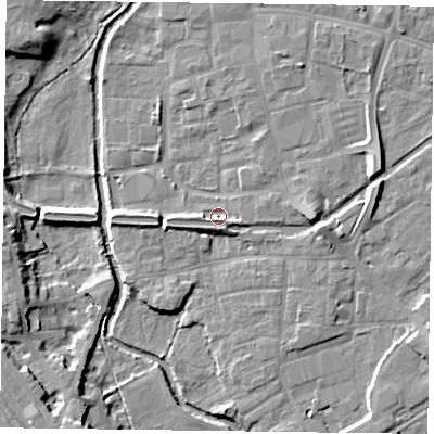 Shaded relief map of the ground around DN226JL, computed from Environment Agency LiDAR. The ground here sits at about 15 m above sea level and falls 9 m across the surrounding 800 m. Surface water reaching this point runs off ground lying to the south-west, 0.6 m higher.