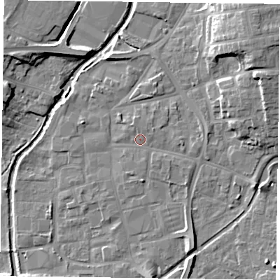 Shaded relief map of the ground around DN226JP, computed from Environment Agency LiDAR. The ground here sits at about 15 m above sea level and falls 13 m across the surrounding 800 m. Surface water reaching this point runs off ground lying to the east, 5.1 m higher.