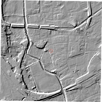 Shaded relief map of the ground around DN226JQ, computed from Environment Agency LiDAR. The ground here sits at about 15 m above sea level and falls 10 m across the surrounding 800 m. Surface water reaching this point runs off ground lying to the south, 3.3 m higher.