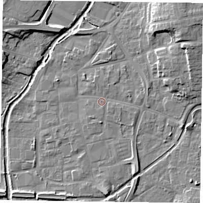 Shaded relief map of the ground around DN226JR, computed from Environment Agency LiDAR. The ground here sits at about 15 m above sea level and falls 13 m across the surrounding 800 m. Surface water reaching this point runs off ground lying to the east-north-east, 5.1 m higher.
