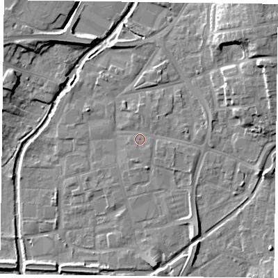 Shaded relief map of the ground around DN226JS, computed from Environment Agency LiDAR. The ground here sits at about 15 m above sea level and falls 13 m across the surrounding 800 m. Surface water reaching this point runs off ground lying to the east-north-east, 5.1 m higher.