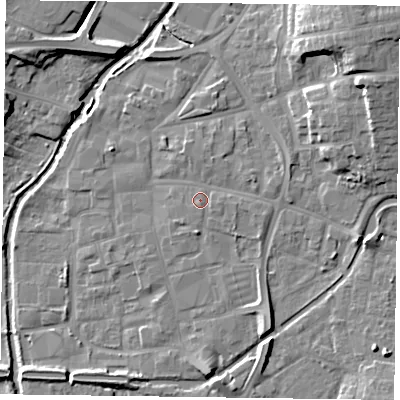Shaded relief map of the ground around DN226JX, computed from Environment Agency LiDAR. The ground here sits at about 15 m above sea level and falls 13 m across the surrounding 800 m. Surface water reaching this point runs off ground lying to the south-south-east, 3.9 m higher.