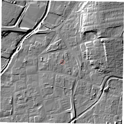 Shaded relief map of the ground around DN226JY, computed from Environment Agency LiDAR. The ground here sits at about 15 m above sea level and falls 14 m across the surrounding 800 m. Surface water reaching this point runs off ground lying to the west-south-west, 1.0 m higher.