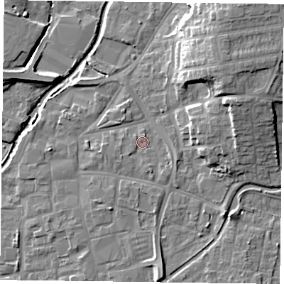 Shaded relief map of the ground around DN226JZ, computed from Environment Agency LiDAR. The ground here sits at about 15 m above sea level and falls 14 m across the surrounding 800 m. Surface water reaching this point runs off ground lying to the south-west, 1.1 m higher.