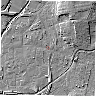 Shaded relief map of the ground around DN226LA, computed from Environment Agency LiDAR. The ground here sits at about 15 m above sea level and falls 13 m across the surrounding 800 m. Surface water reaching this point runs off ground lying to the east-north-east, 5.1 m higher.