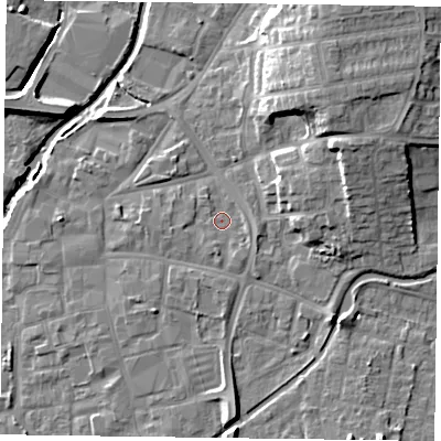 Shaded relief map of the ground around DN226LB, computed from Environment Agency LiDAR. The ground here sits at about 15 m above sea level and falls 14 m across the surrounding 800 m. Surface water reaching this point runs off ground lying to the south-south-east, 1.5 m higher.