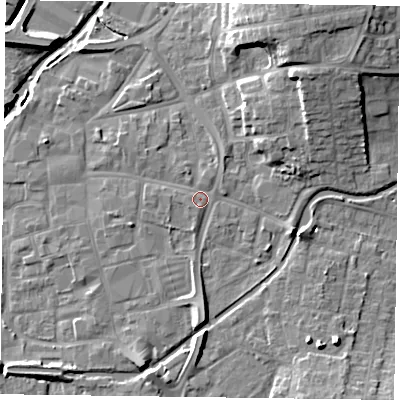 Shaded relief map of the ground around DN226LD, computed from Environment Agency LiDAR. The ground here sits at about 15 m above sea level and falls 13 m across the surrounding 800 m. Surface water reaching this point runs off ground lying to the east-north-east, 5.1 m higher.