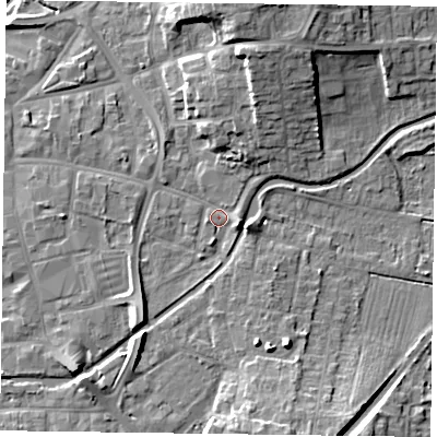 Shaded relief map of the ground around DN226LE, computed from Environment Agency LiDAR. The ground here sits at about 15 m above sea level and falls 13 m across the surrounding 800 m. Surface water reaching this point runs off ground lying to the north-north-east, 4.9 m higher.