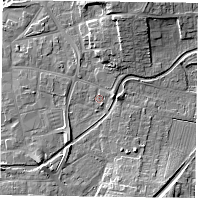 Shaded relief map of the ground around DN226LF, computed from Environment Agency LiDAR. The ground here sits at about 15 m above sea level and falls 13 m across the surrounding 800 m. Surface water reaching this point runs off ground lying to the north-north-east, 5.1 m higher.