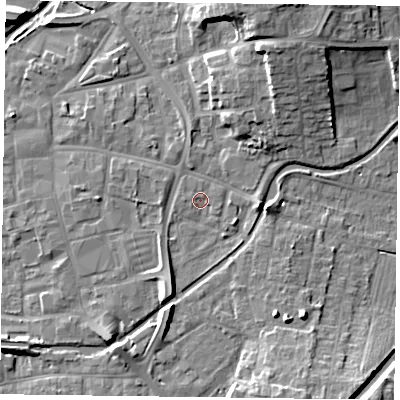 Shaded relief map of the ground around DN226LH, computed from Environment Agency LiDAR. The ground here sits at about 15 m above sea level and falls 13 m across the surrounding 800 m. Surface water reaching this point runs off ground lying to the north-east, 5.1 m higher.
